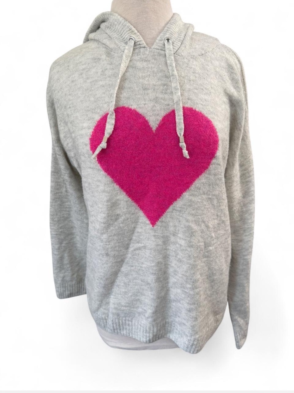 Vince Camuto Light Gray Knit Heart Pullover Hoodie Sweater Size L
